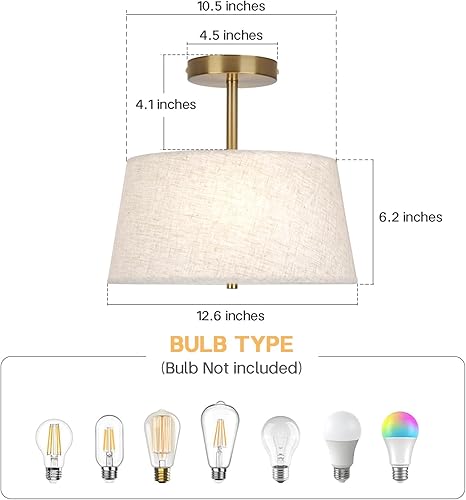 Miniatura 3 de Lámpara de techo semiempotrada moderna en forma de cono, lámpara de tambor de 3 luces con acabado de latón dorado y pantalla de tela beige para