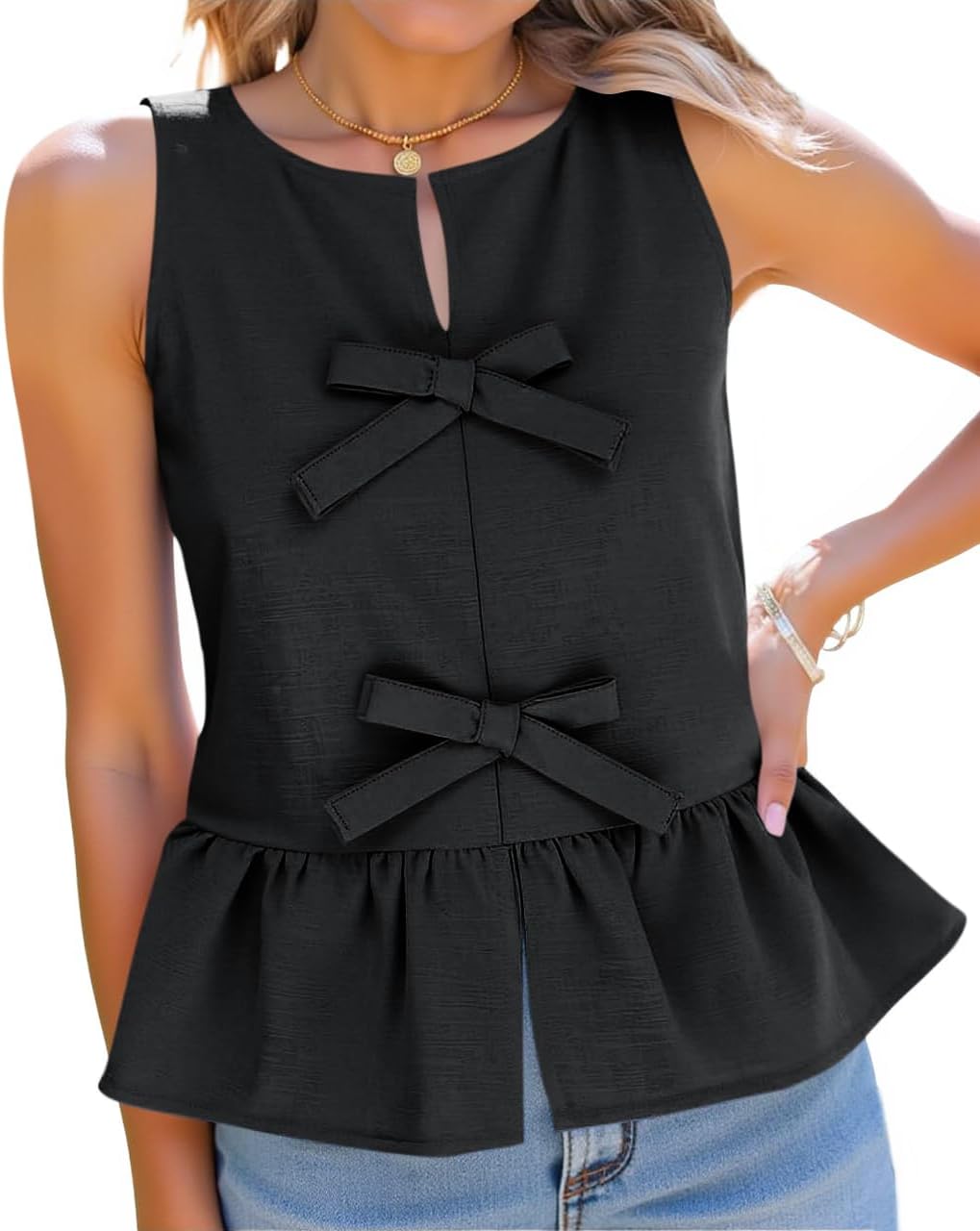 Tankaneo Womens Bow Peplum Tank Tops Summer Sleeveless Babydoll Cotton Blouses Loose Fit Flowy Casual Shirts