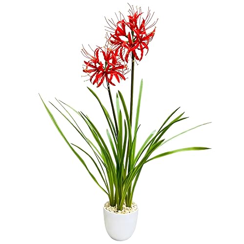 Artificial Red Spider Lily Potted Plant, Lycoris Radiata | Realistic