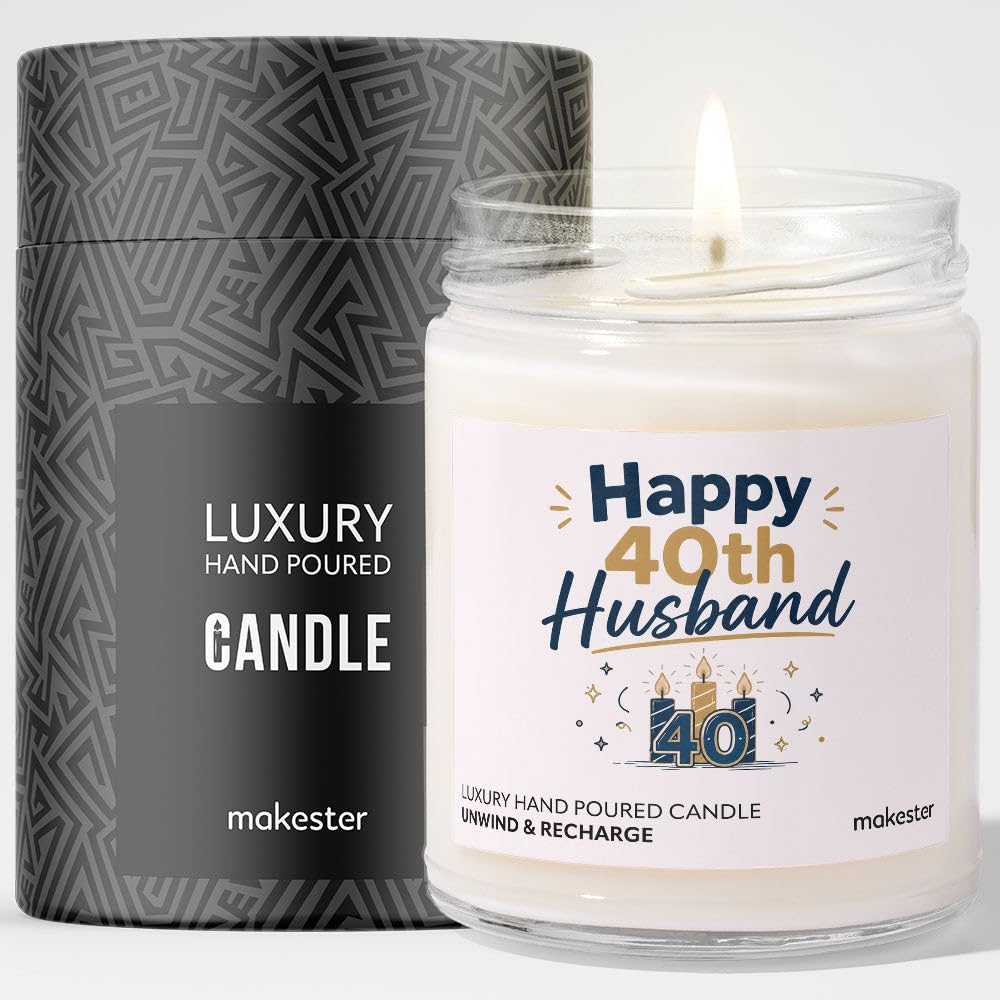 40th Birthday Gift for Husband - Luxury Soy Wax Candle - Vanilla, Jasmine, Sugared Almond - Makester