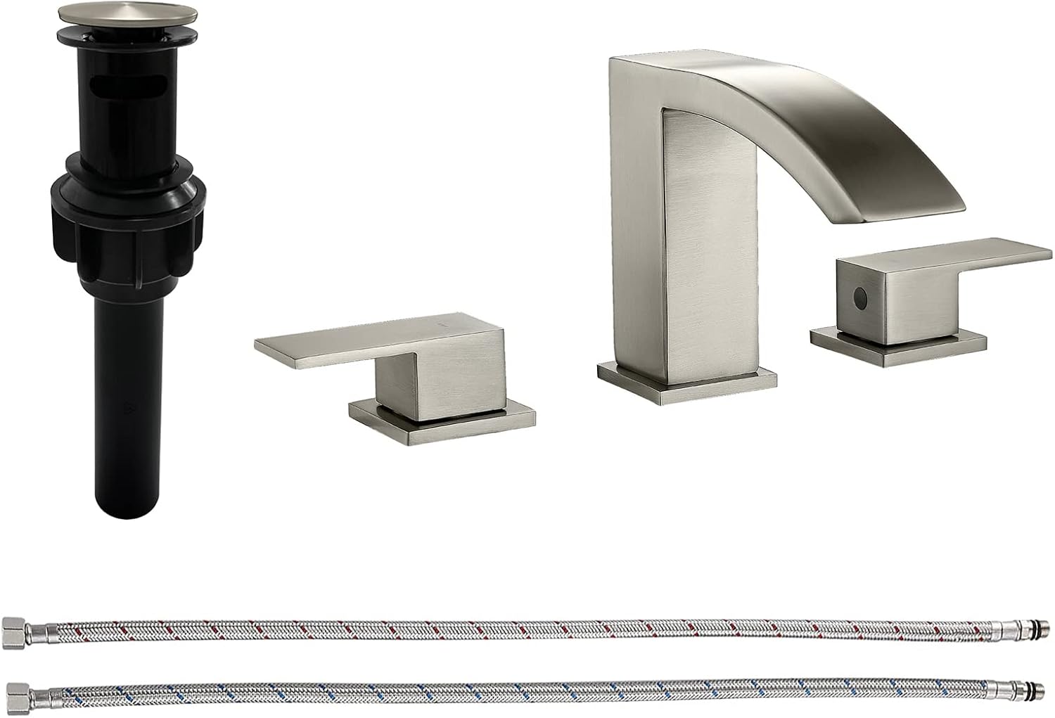 Brushed Nickel Bathroom Faucets for Sink 3 Hole Widespread Waterfall Basin Faucet with Pop-Up ...