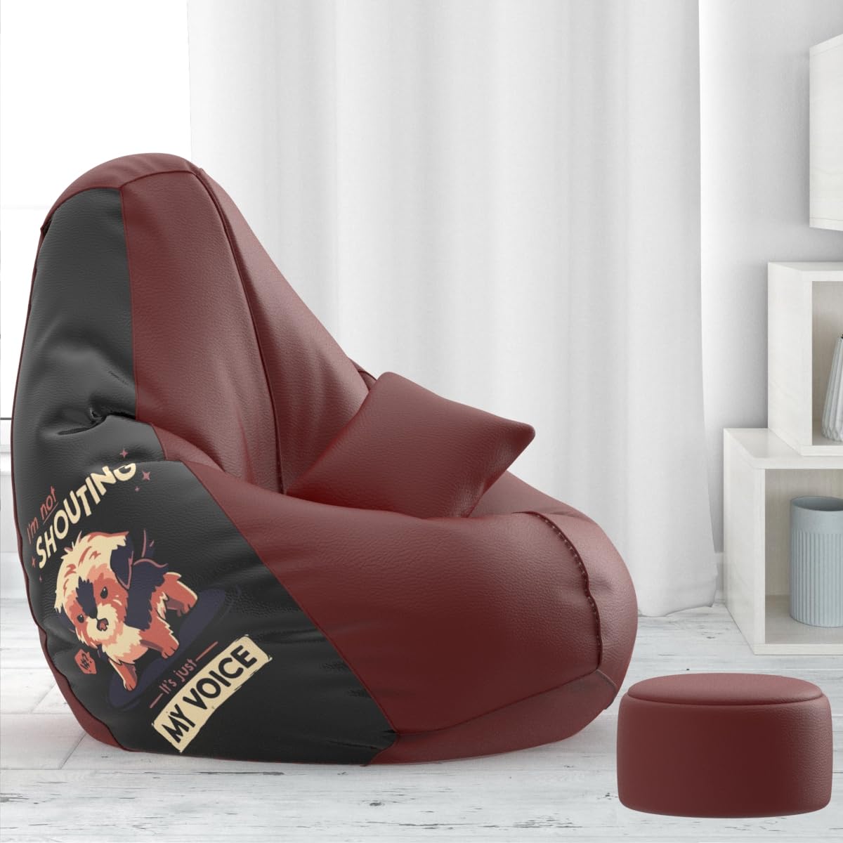 Biggie Bean Bag with Beans Filled 4XL Bean Bag with Free Cushion and Footrest - Official : GraphicRetreat Combo (Matching Color : Printed, I am not Shouting - Maroon Black)