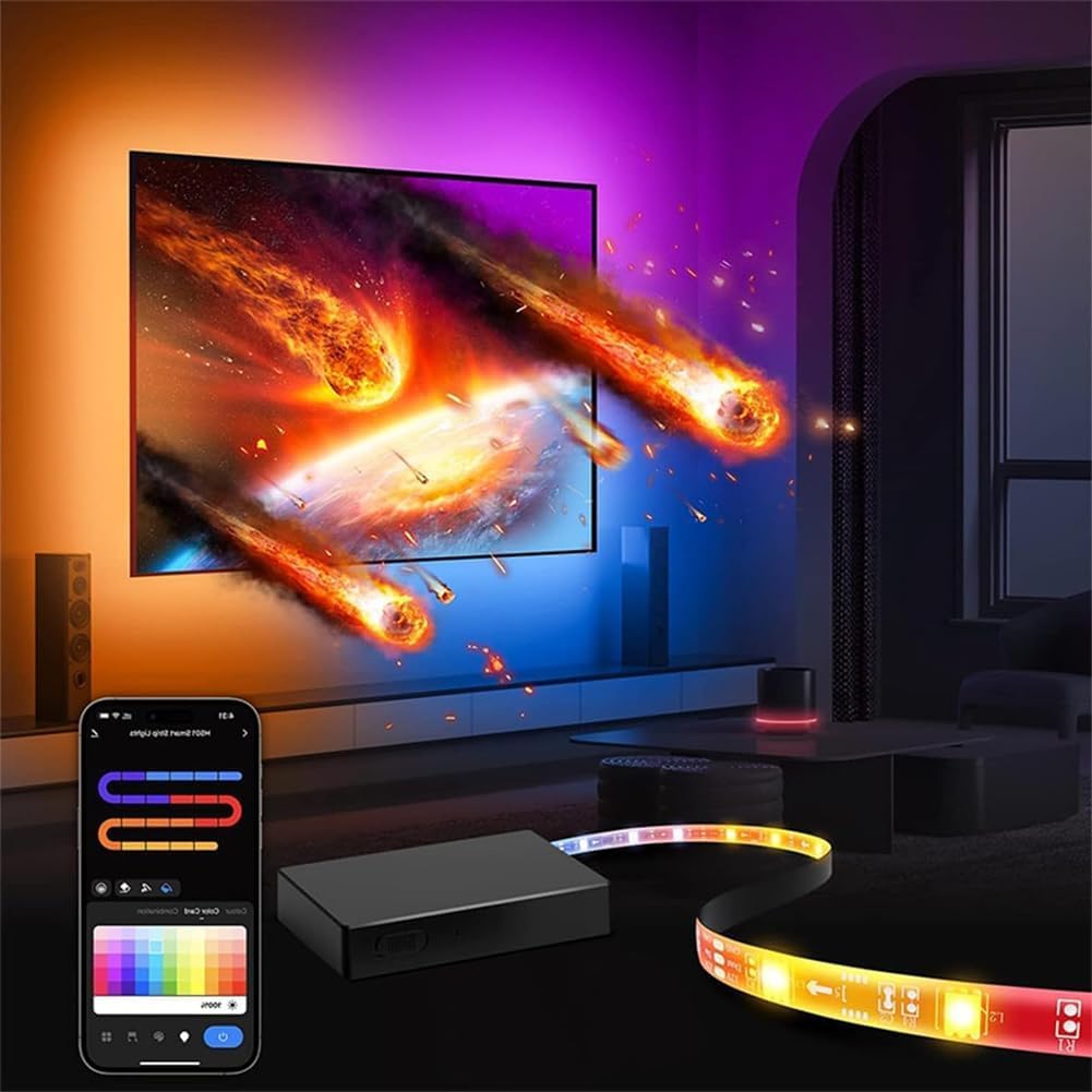 Luces LED para TV RGB con sincronización de música, SyncBox y Control por aplicación. Tira LED Que Cambia de Color (75 Pulgadas, Cuatro Lados).