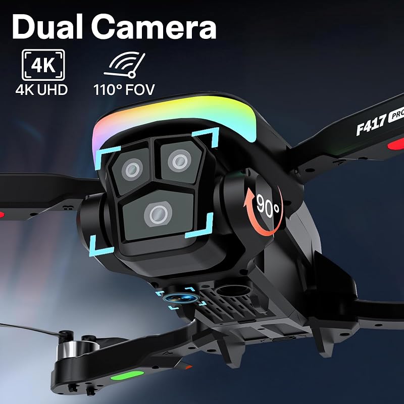 Dronă RC FAKJANK cu cameră 4K, iluminare LED RGB, quadcopter FPV cu telecomandă, mod headless, menținere a altitudinii, poziționare optică
