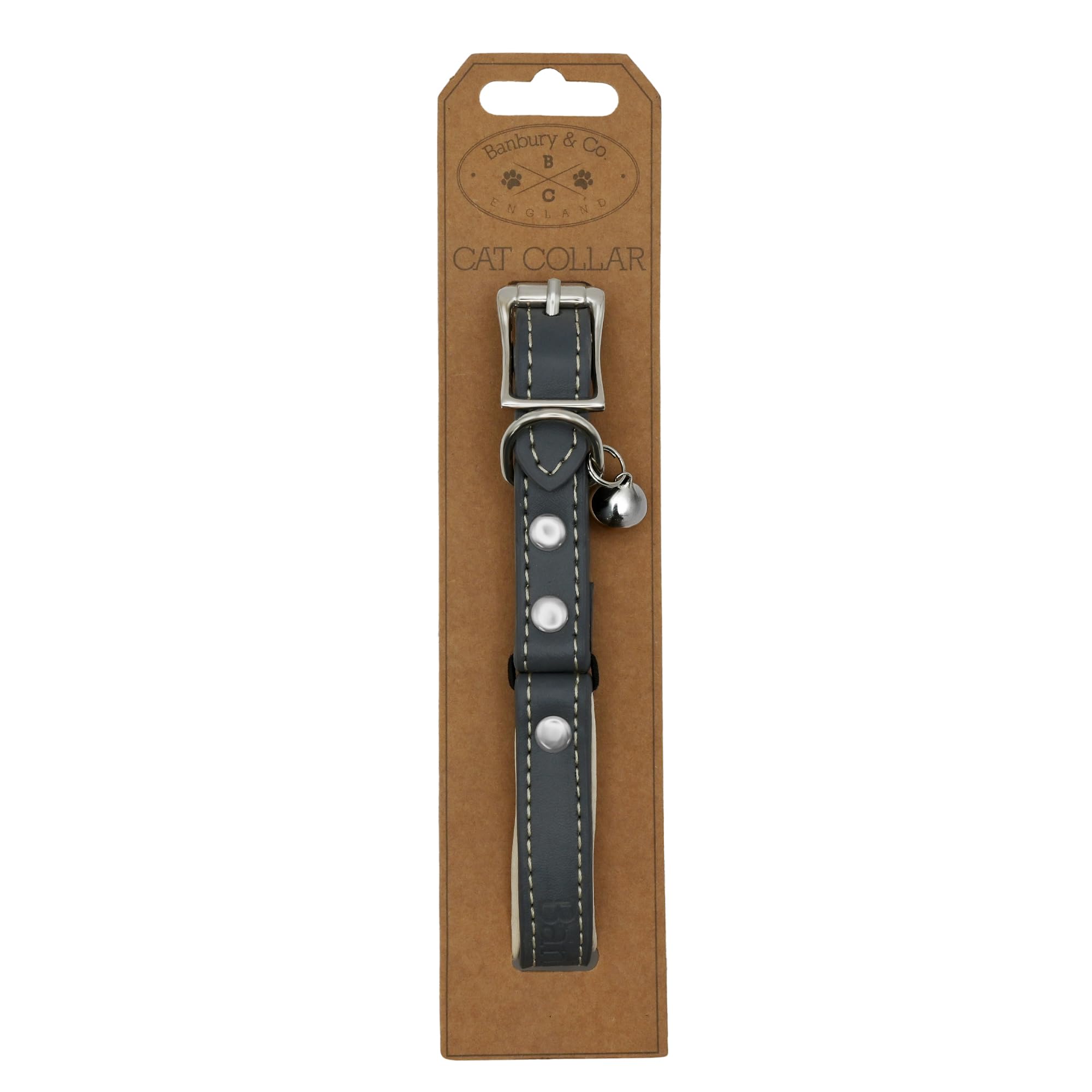 Banbury & Co Luxury Adjustable Cat Collar with Safety Release, Padded PU Leather, Bell & Contrast Stitching – 21.5–31.5cm Fit