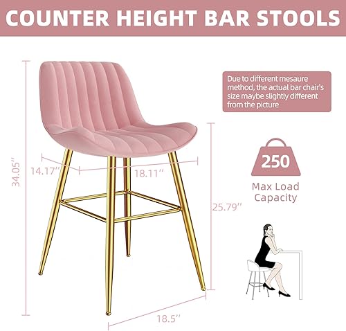 Miniatura 2 de Sucrever - Juego de 2 taburetes de bar de 24 pulgadas tapizados de terciopelo con altura de mostrador patas de metal dorado y reposapiés taburetes