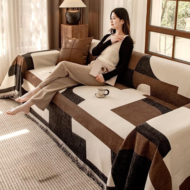 Housse de canapé en chenille géométrique 180x130 cm jeté de canapé 1 à 3 places avec pompons gris