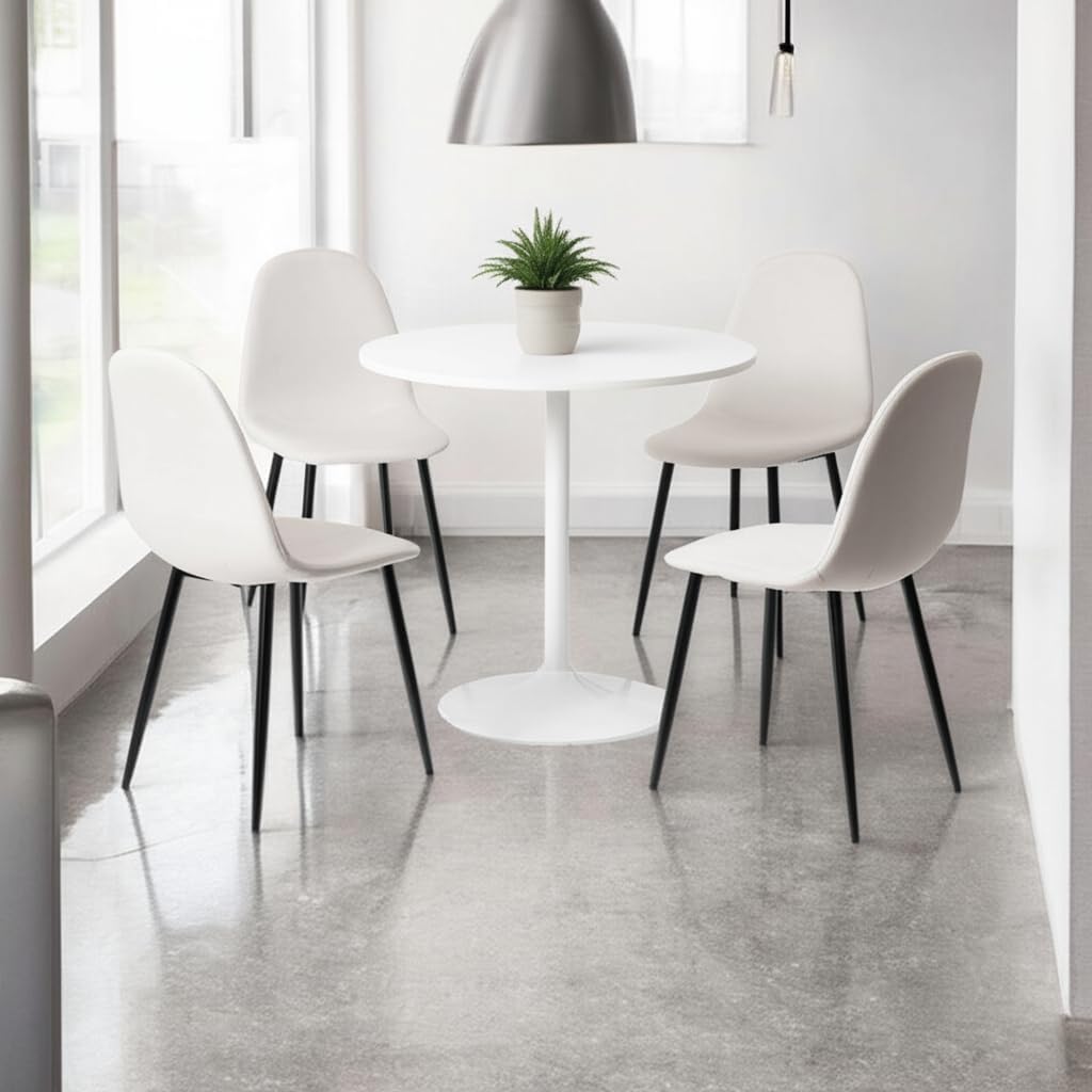 Homy Casa Modern Round White Dining Table with 4 Elegant Chairs Set, Sleek Black Metal Legs, Comfortable Cushioned Seating, Perfect for Kitchen or Office Break Room, Space-Saving Design