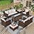 MIXPATIO Patio Furniture Set, 8 Pcs Wicker Rattan Outdoor Conversation Set, 4 x Leg Chairs, 1 x 3 Seater Sofa and 2 x Ottoman with 4" Thick Cushion and 56" Fire Pit Table, Beige