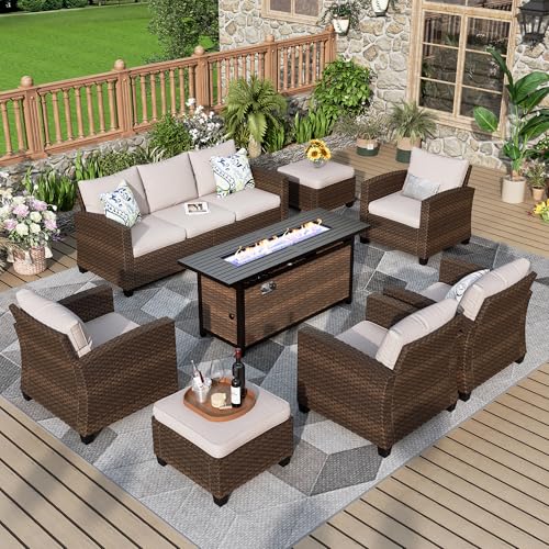 MIXPATIO Patio Furniture Set, 8 Pcs Wicker Rattan Outdoor Conversation Set, 4 x Leg Chairs, 1 x 3 Seater Sofa and 2 x Ottoman with 4