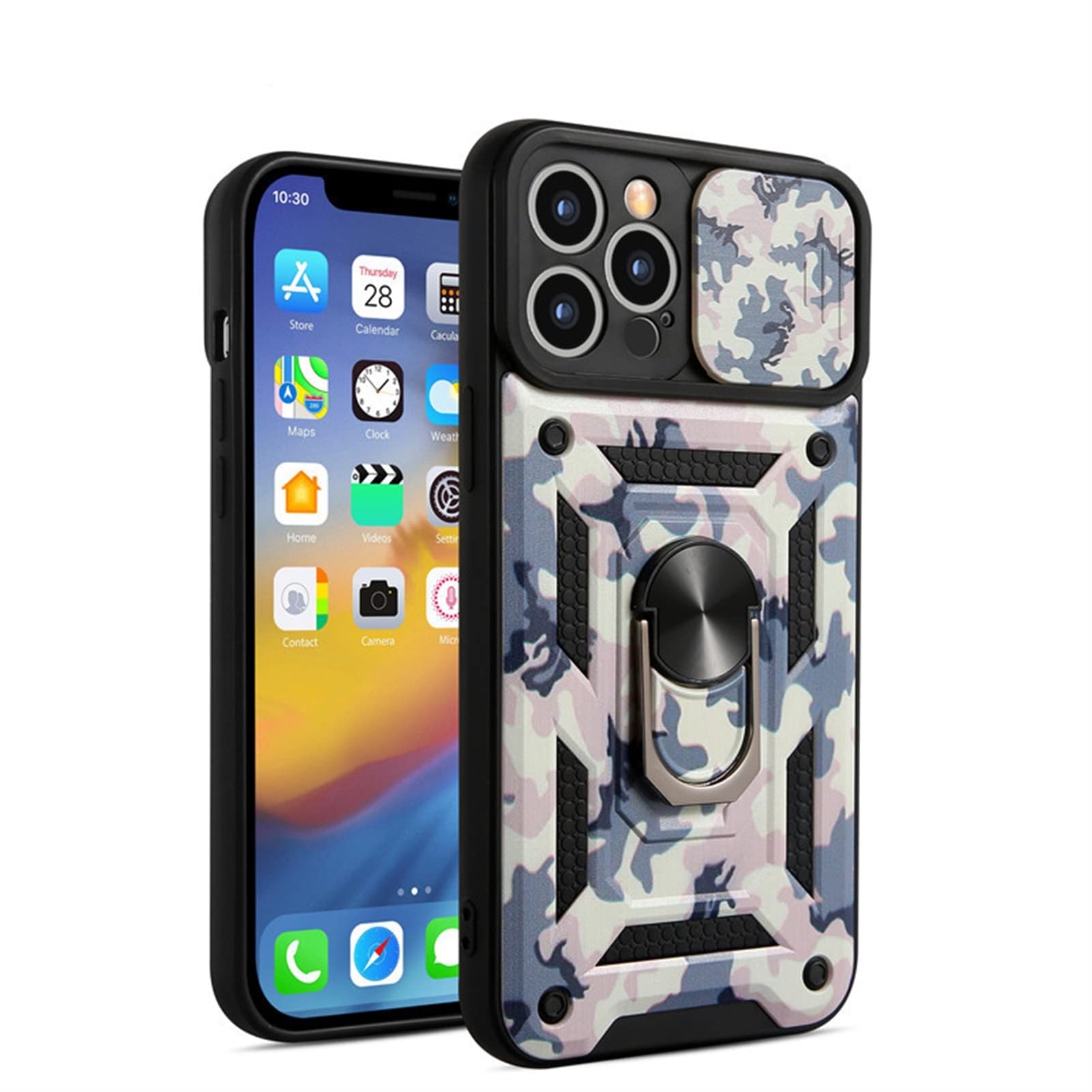 KANUZ La funda de teléfono blindada de camuflaje es adecuada para iPhone 13 funda 12 11 Pro Max X XR XSMax 7 8 funda deslizante de protección de lente de cámara (color: rosa, tamaño: para 11)