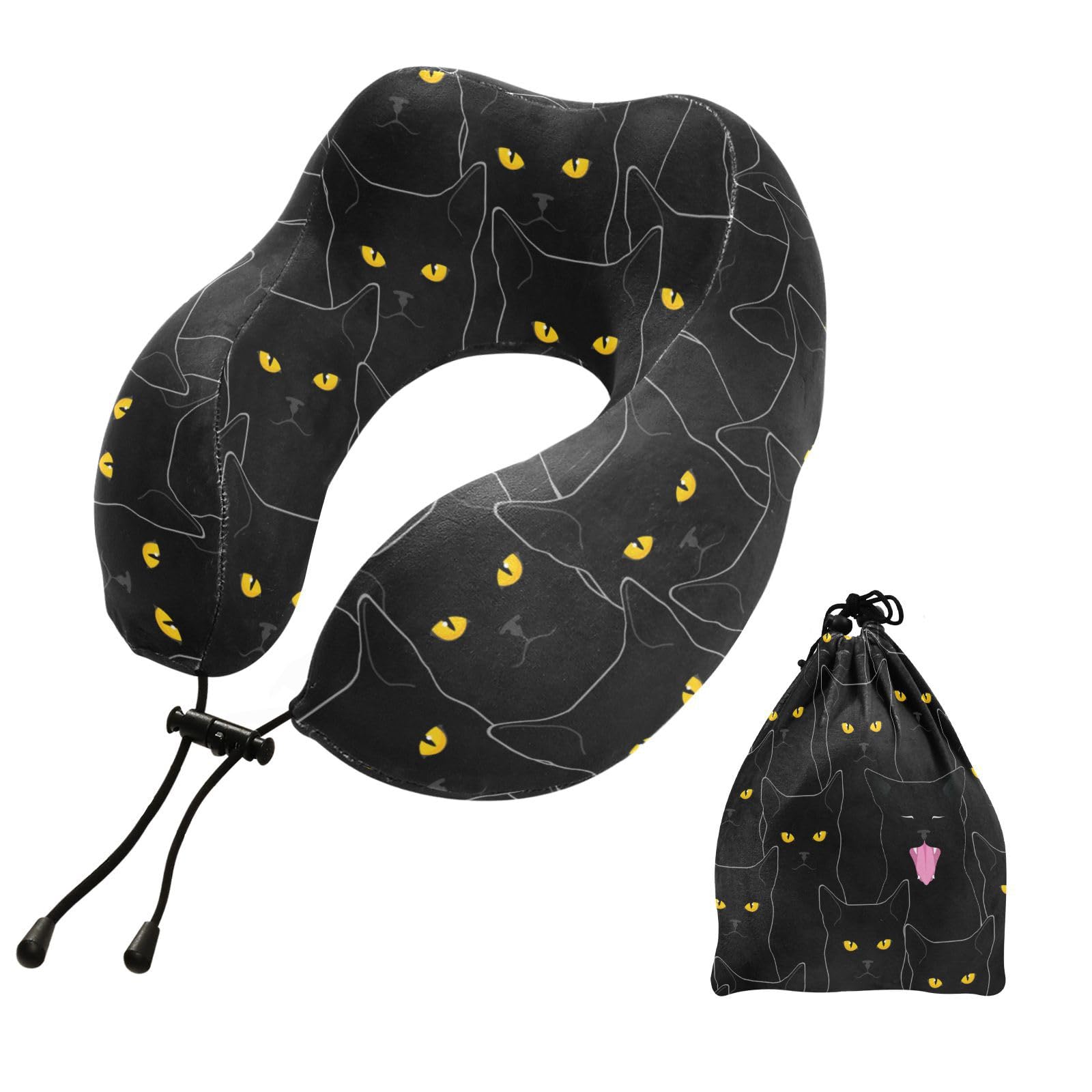 ZOEO Travel Pillow for Neck Head, Black Cats Pattern Memory Foam Padding Sleeping Airplane Trains Cars Camping Office