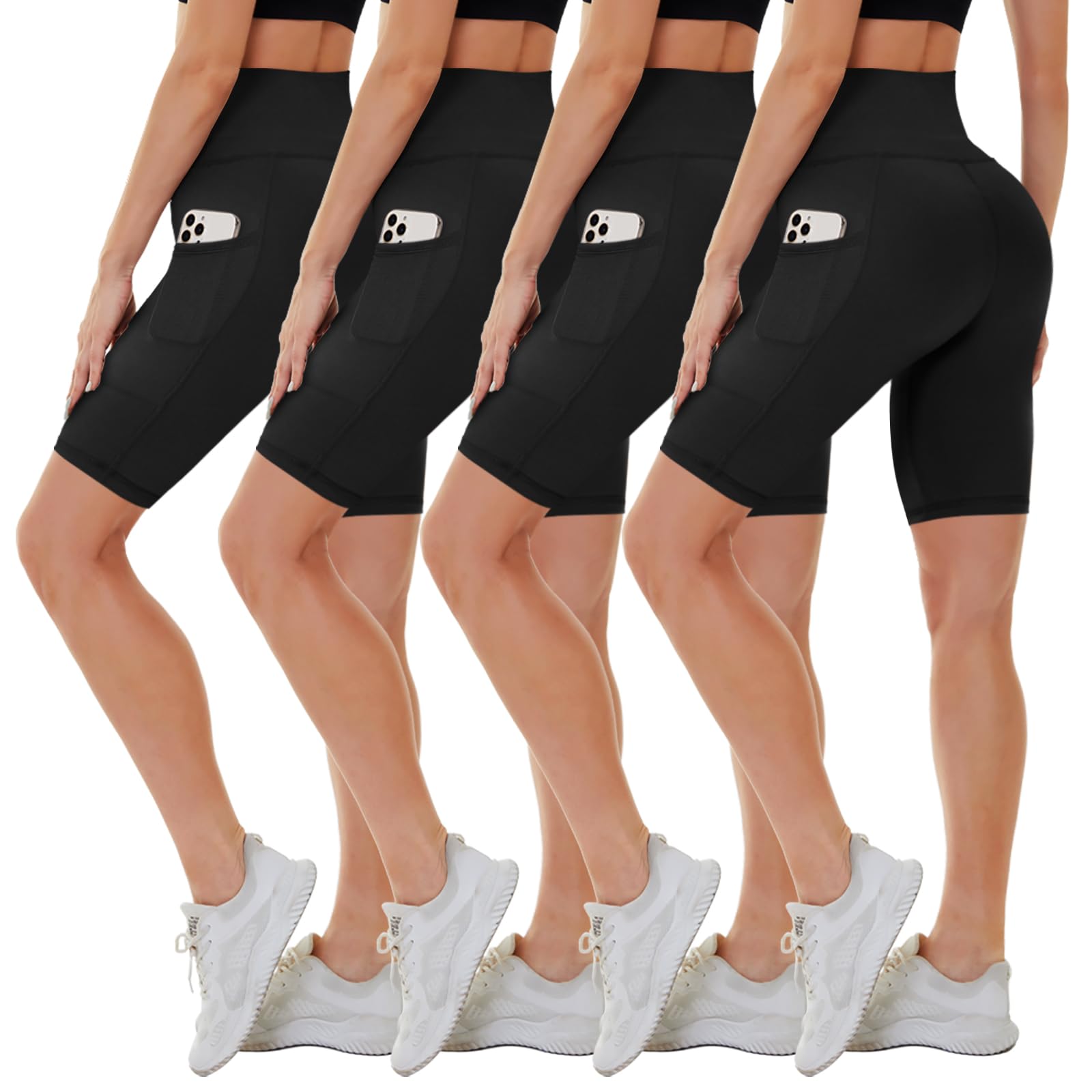 CAMPSNAIL 4 Pack Biker Shorts Women with Pockets – 5"/8" High Waist Tummy Control Workout Gym Yoga Running Compression Shorts