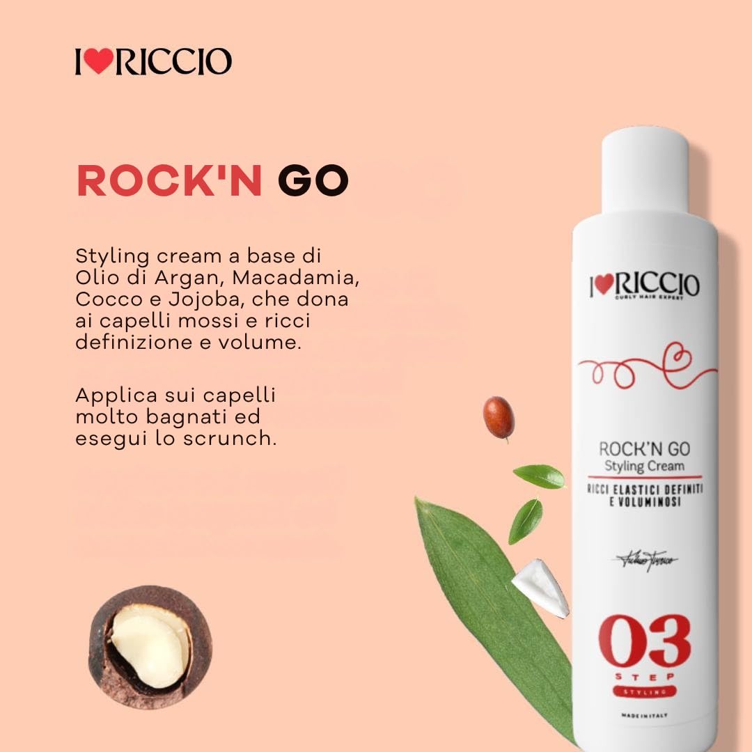I Love Riccio Rock'n Go Styling Cream, Crema Per Capelli Tutte Le Tipologie di Ricci Idratante ed Elasticizzante, Ricci Elastici e Definiti, 250 ml