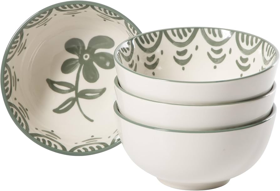Bloomhouse - 2-Time Oprah’s Favorite Things - Valencia Flor 4 Piece 6” Cereal Bowl Set, Stoneware Bowls, Mediterranean Floral Decal Design, Microwave & Dishwasher Safe, Fern Green