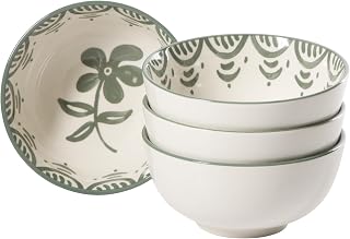 Bloomhouse - 2-Time Oprah’s Favorite Things - Valencia Flor 4 Piece 6” Cereal Bowl Set, Stoneware Bowls, Mediterranean Floral Decal Design, Microwave & Dishwasher Safe, Fern Green