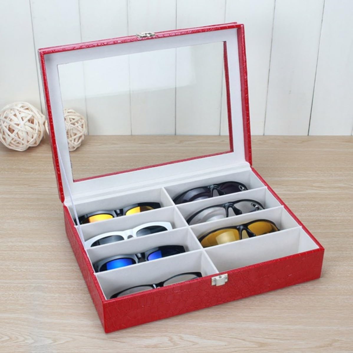 Toyvian Pu Brillen Displaybox mit 8 Fächern, Alligator Optik, Rot
