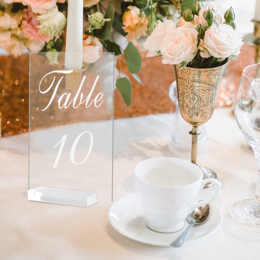 Lot de 20 supports de numéro de table de mariage en acrylique transparent de 10,2 x 15,2 cm avec base pour réception de mariage, fête de mariage, dîners, fête, anniversaire, événement