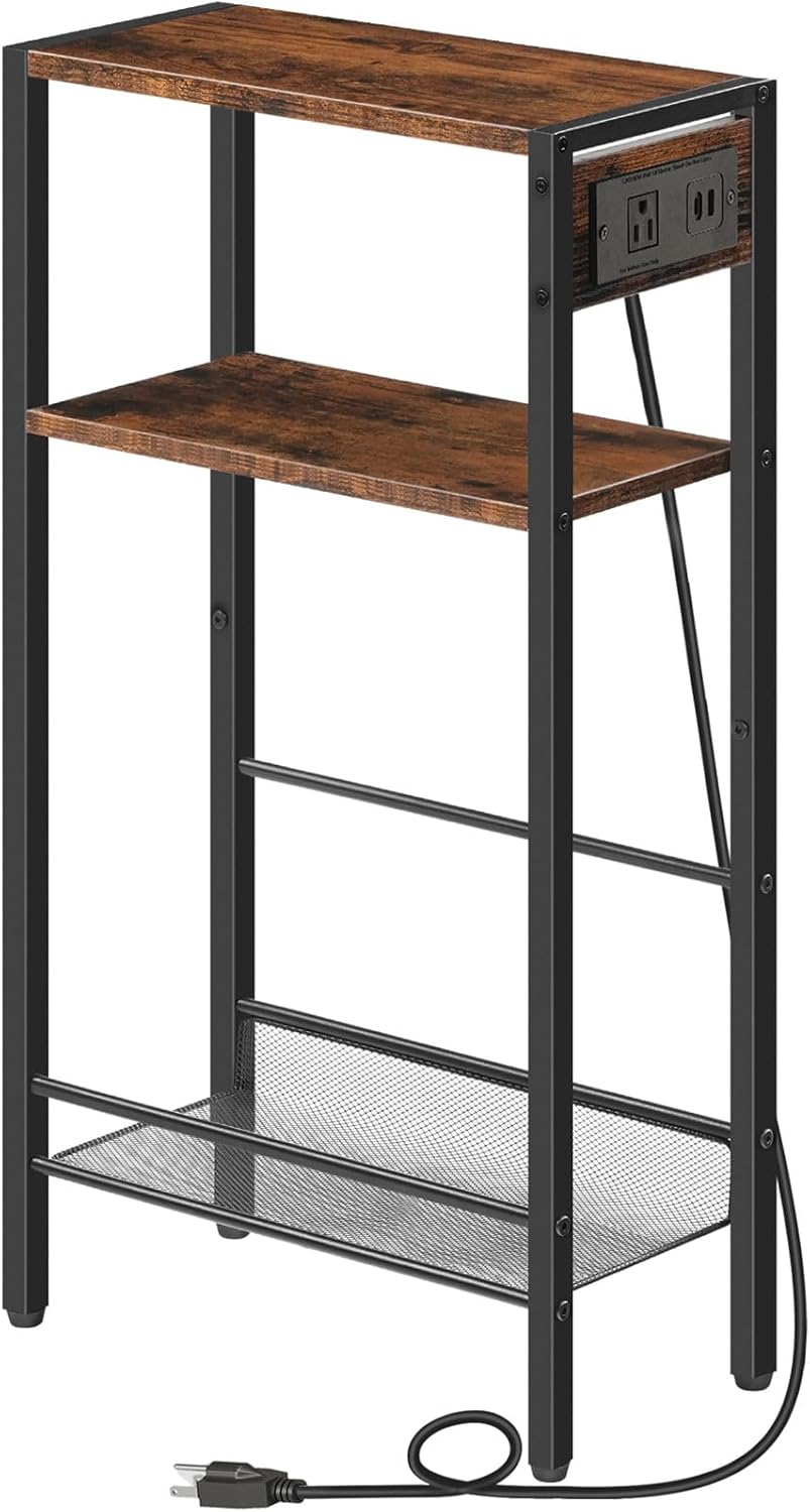 HOOBRO 15.7" Narrow Console Table with Charging Station, 3 Tier Entryway Table for Small Space, Behind Couch Table, Sofa Table, for Entryway, Hallway, Living Room, Rustic Brown and Black BF42UXG01