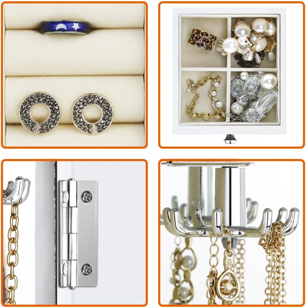 RR ROUND RICH DESIGN Jewelry Box - Made of Solid Wood with Cabinet Type 5 Drawers Organizer and 2 Separated Open Doors on 2 Sides and Large Mirror White