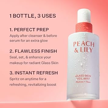 Peach & Lily - رذاذ حجاب زجاجي للبشرة (3.38 أونصة) - مرطب ومتوهج - رذاذ للوجه - خفيف الوزن - ماء الخيار، اللوتس، الخوخ، فطر الريشي - العناية الذاتية - نباتي وخالي من القسوة - الجمال الكوري