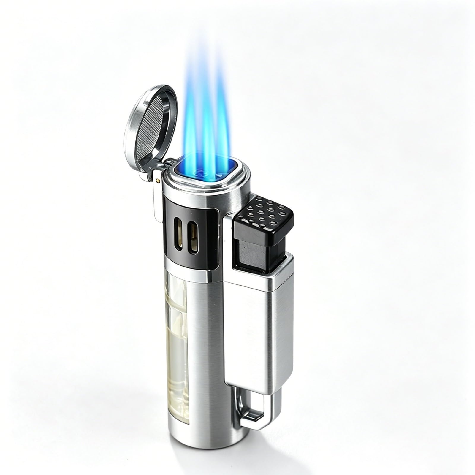 OGQBEAPC Refillable Butane Torch Lighter, 4 Jet Flame Windproof Lighter with Large Transparent Fuel Tank, Adjustable Flame, for Men(A)