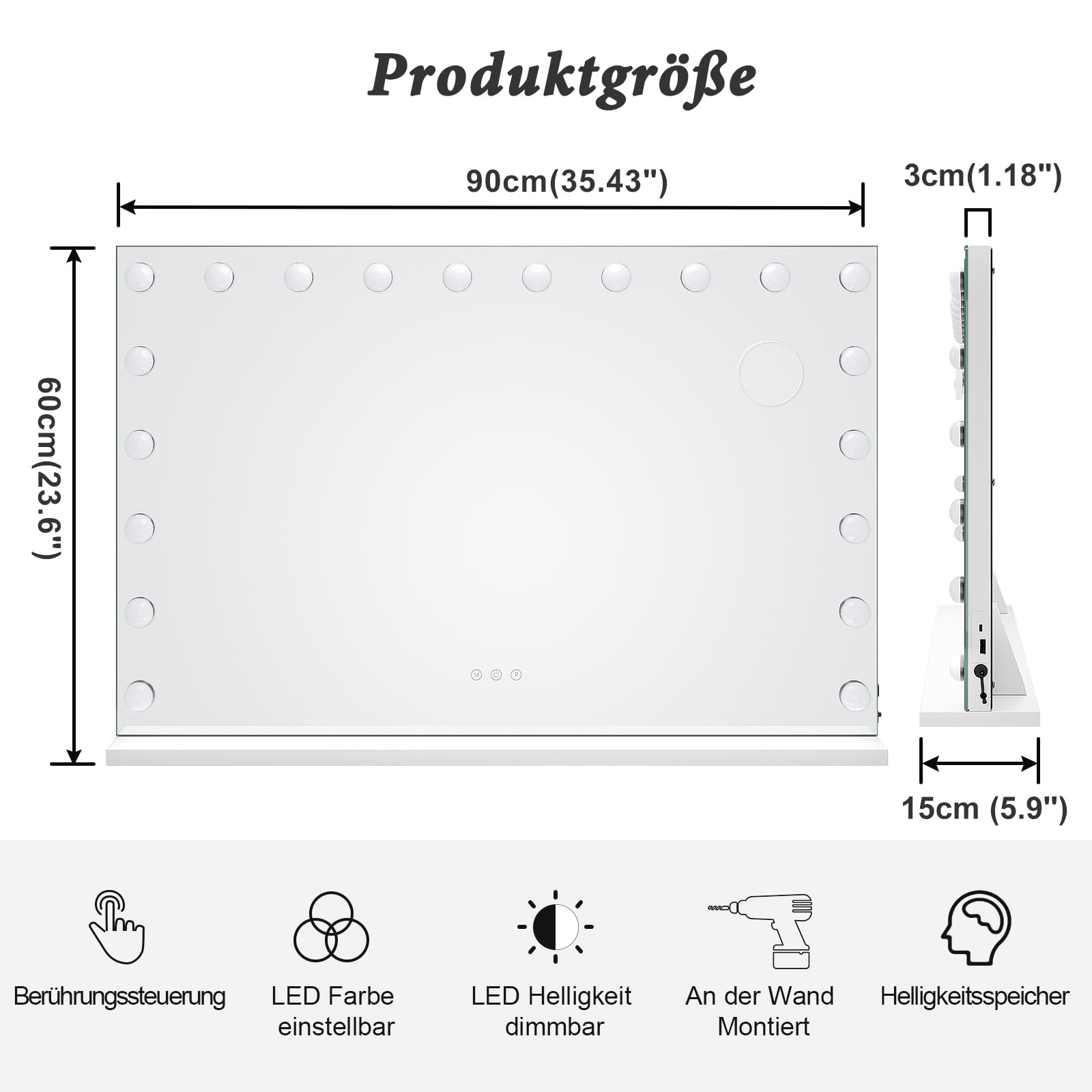 Dripex Hollywood Schminktischspiegel, Schminkspiegel mit 20 Lampen und 3 Farbtemperatur Licht, Kosmetikspiegel mit Touch Steuerung, 90 x 60 cm Weiß, Aufstellung oder Wandmontage