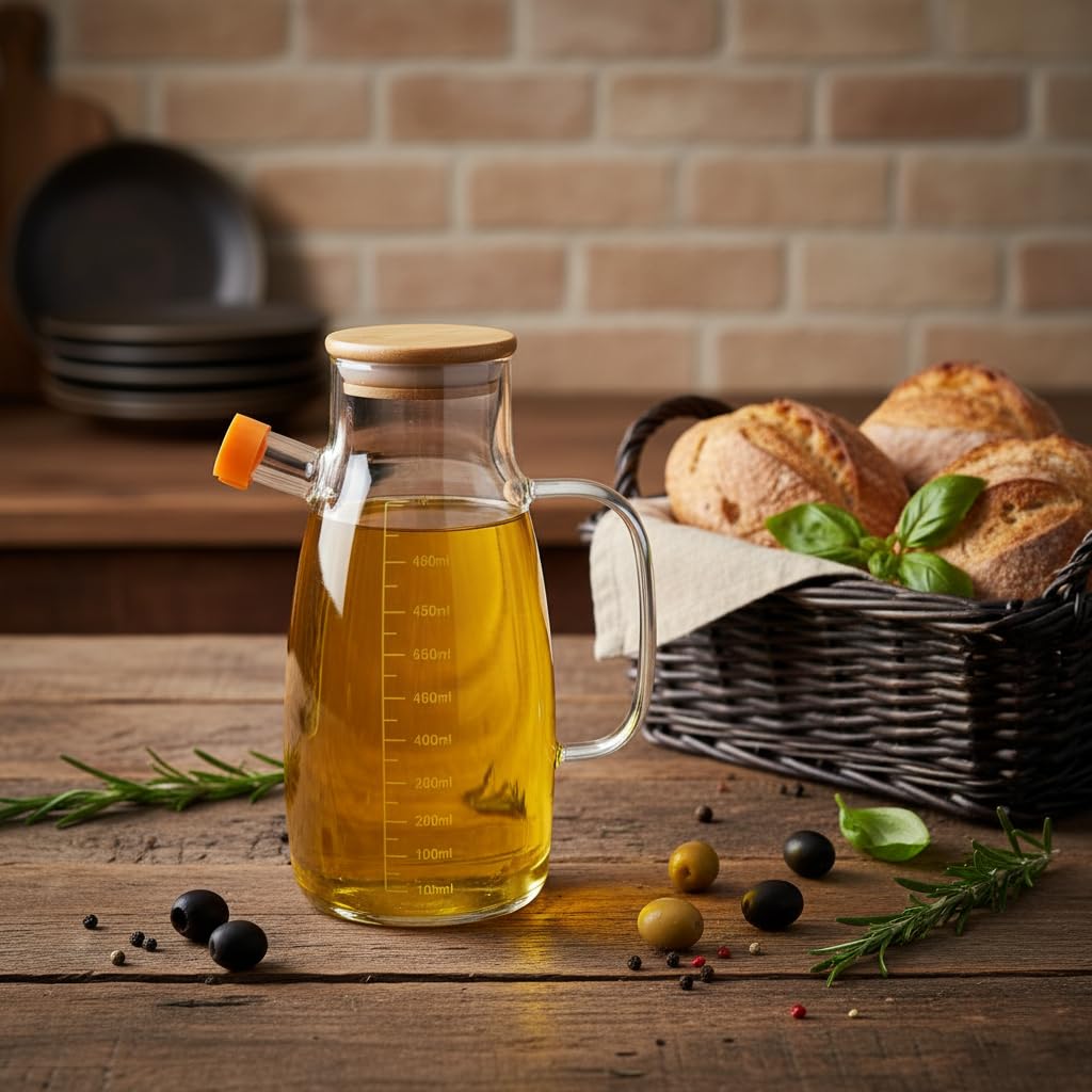 Deconox Borosilikat Cam Yağlık - Bambu Kapaklı ve Ölçü Çizgili Sirkelik | Damlatmaz Ağızlı, Isıya Dayanıklı, Kurşunsuz Yağdanlık (1000 ml)