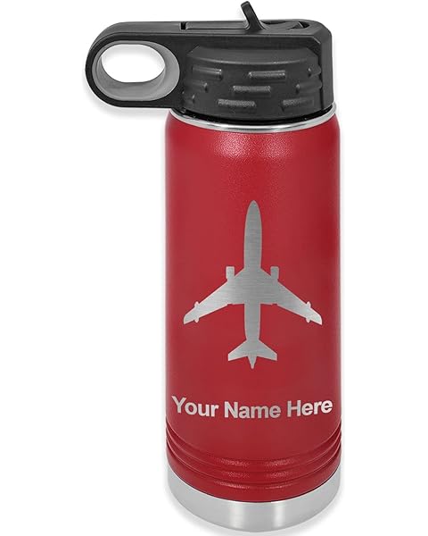 LaserGram Personalized Water Bottle, Jet Airplane, Stainless Steel Double Wall Vacuum Insulated with Flip Top Straw, Custom Engraved Gift (20oz / 590ml Maroon)