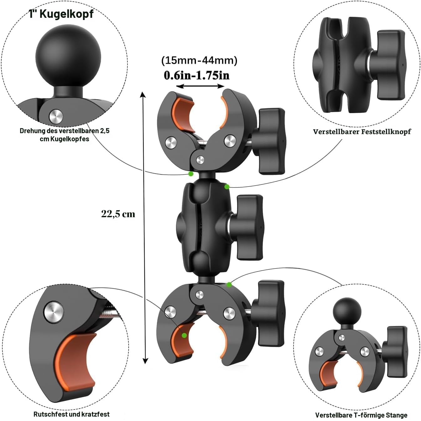 UNSTINCER Fahrrad Motorrad Lenker Kamera Klemme Halterung für Gopro Insta360 X5 DJI Akaso, Doppelklemme Magic Arm Selfie Stick Halter, Doppelte Super Clamp mit 1/4"-20 Gewinde und Action Cam Mount