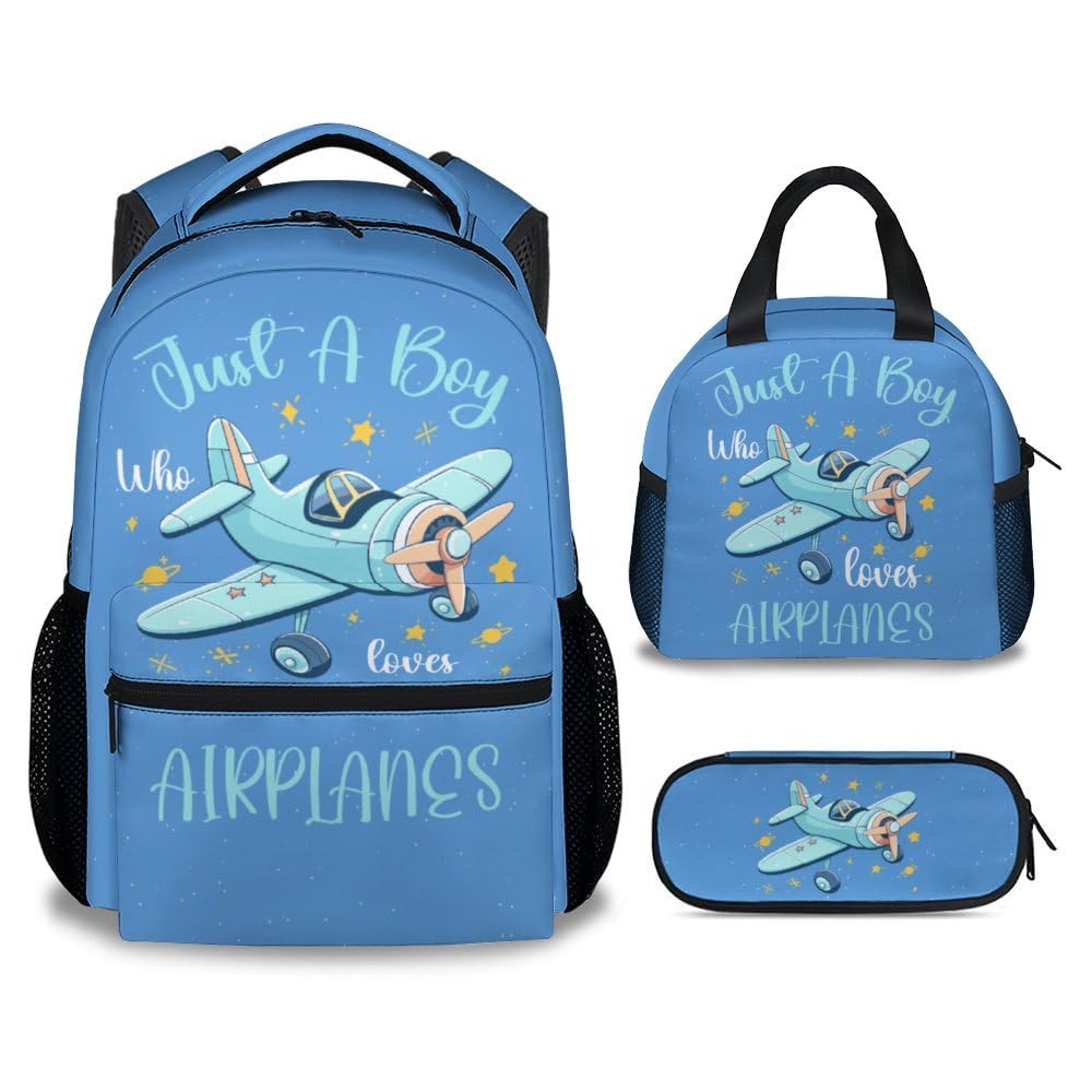 COZYAURA Kids Backpack with Lunch Box - Cartoon Airplane Preppy Backpack for School - Lightweight Blue Travel Backpacks for Boys