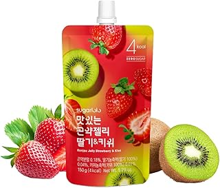 Sugarlolo Konjac Sweet Strawberry & Kiwi Jelly Snack - Vegan Healthy Drinkable Jello, Sugar Free | 4 Calories per Pouch | Low Calorie Korean Fruit Snacks 5.29 Oz (150g) | 10 Pack