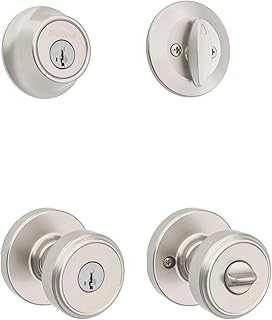 Kwikset Maven Front Door Lock Handle and Deadbolt Set, Entry Handleset Round Exterior with Interior Door Knob, Secure Locking Deadbolt, Satin Nickel, with Microban Protection