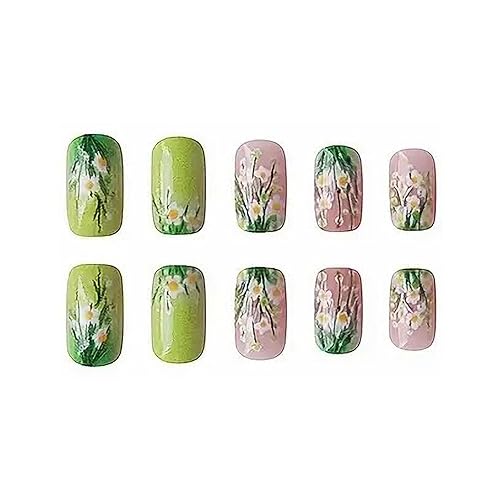 Miniatura 101 de MISUD Uñas postizas cuadradas cortas a presión, con pegamento brillante, uñas postizas de verano, uñas acrílicas coloridas con punta francesa, uñas