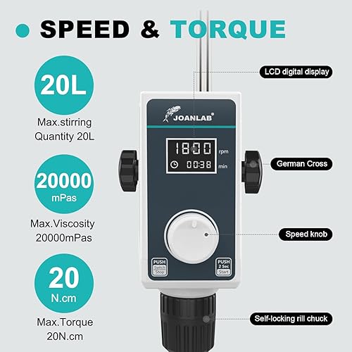 Miniatura 3 de JOANLAB Agitador de sobrecarga 20L 20000 mPas Mezclador digital de sobrecarga agitador de laboratorio con varillas de agitación 100-150RPM