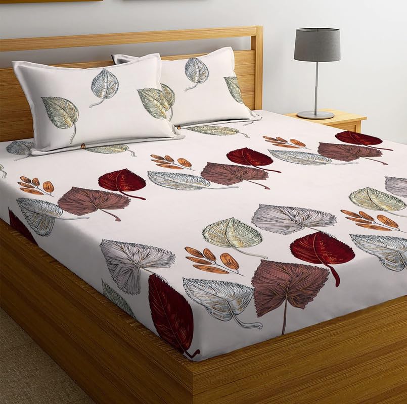 Image of la' amour Cotton Flat Double Bedsheets with 2 King Size Pillow Covers | Double Bed Breathable | Wrinklefree | Ultrasoft 180-220 tc Supersoft Floral | 90x90 Inches, Off White & Brown