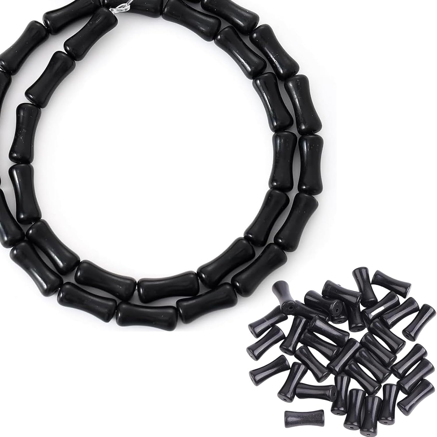 Black Bamboo Beads - 12mm Transparent Bamboo Joint Craft Beads, Natural Black Agate Stone Bamboo Shape Gem for DIY Jewelry Making Necklace Bracelet Earring (150PC)
