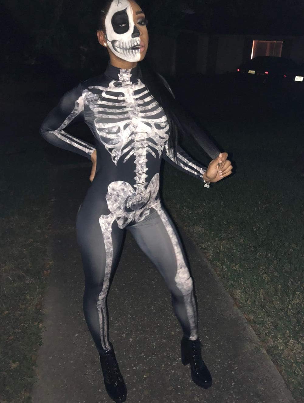 Fixmatti Women Halloween Party Costume Skull Print Long Sleeve Jumpsuit Outfit - Image 5