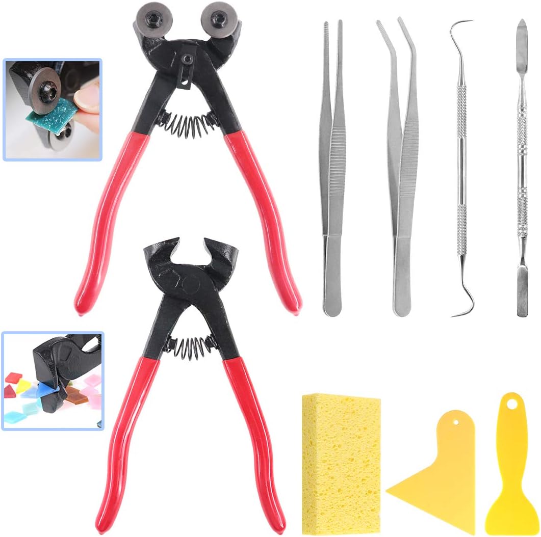 Glarks 9Pcs Mosaic Tools Set, 2Pcs Heavy Duty Wheeled Glass Mosaic Nippers and Tile Cutter Pliers with 7Pcs Mosaic Tile Tools
