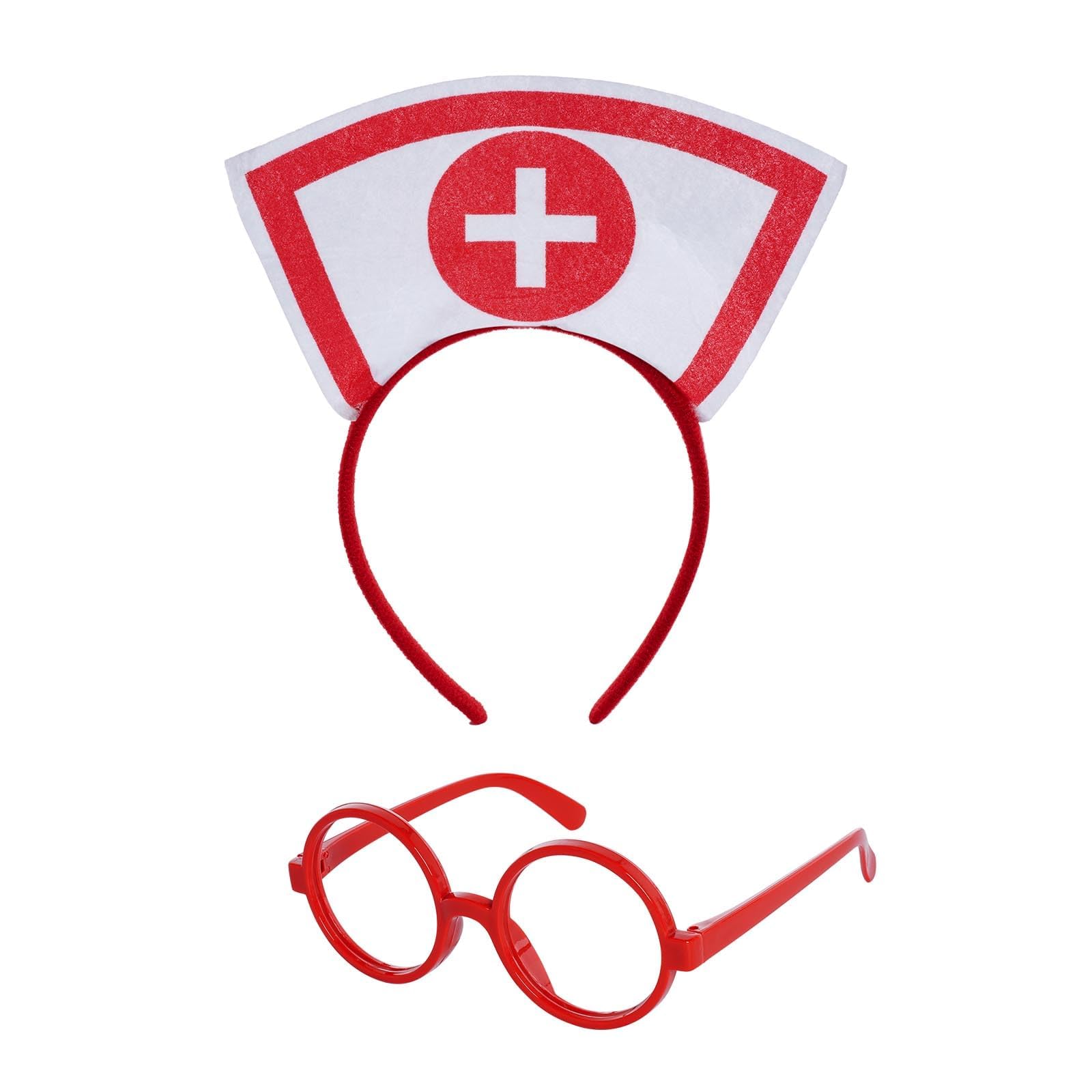 mifengdaer Nurse Costume Halloween Women Costume Accessories Red Nurse Hat Headband Cosplay Outfit Set Includes Headband Glasses Stethoscope High Sock for Halloween Cosplay Party - Image 4