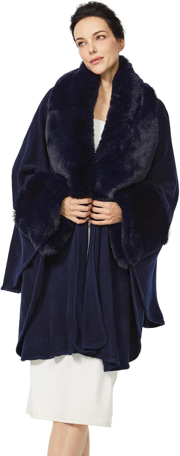 SUFCOMOU Women Cape Poncho with Fur Trim Winter Faux Fur Shawl Wrap Coat Sleeveless Cardigan Cloak