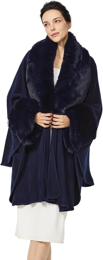 Women Cape Poncho with Fur Trim Winter Faux Fur Shawl Wrap Coat Sleeveless Cardigan Cloak