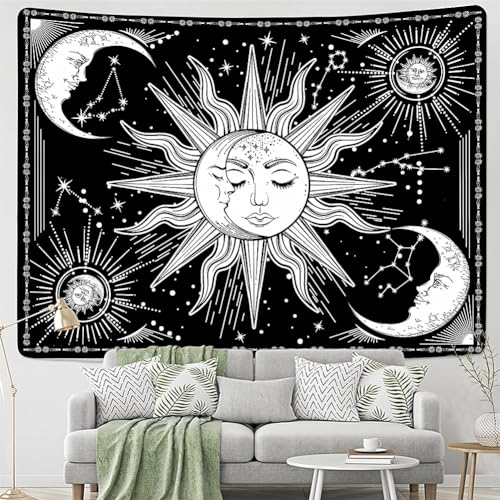 Jation Moon and Sun Tapestry Burning Sun Star Psychedelic Mystic Wall Hanging Poster Black and White Tapestry Art for Home Headboard Dorm Decoration in 150 * 130cm