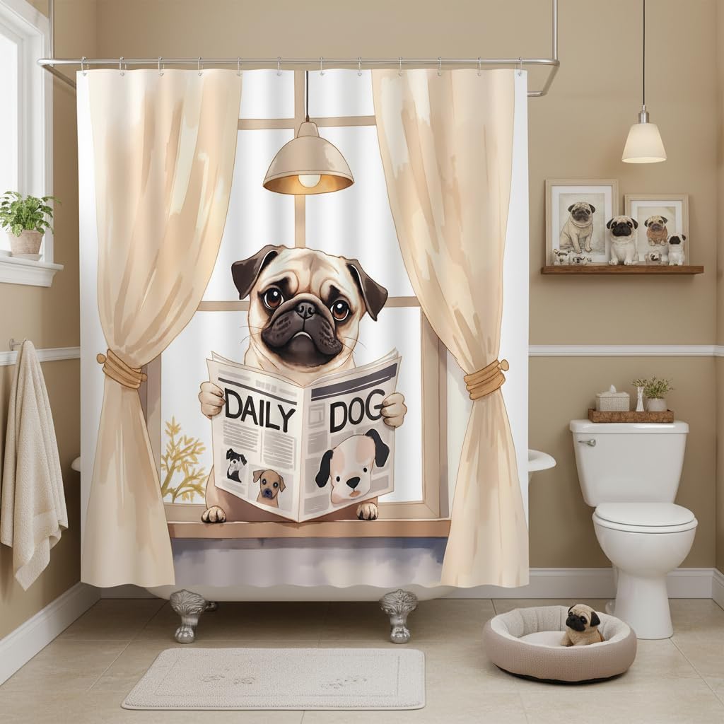 Funny Dog Shower Curtain Pug Reading Newspaper, 70 x 70 image 2