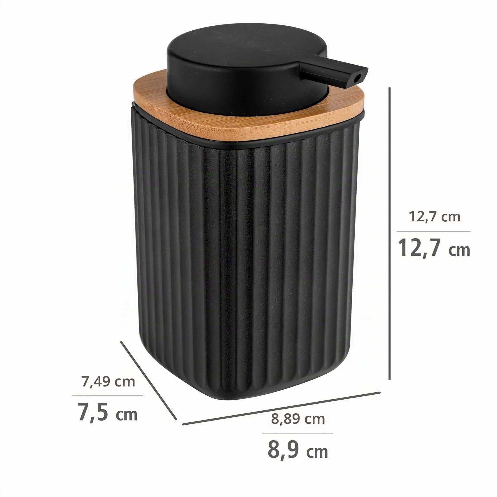 WENKO Dispensador de jabón Rotello, dosificador recargable con capacidad de 250 ml, en plástico de calidad óptima y detalles de bambú, apto para lavavajillas, 8,9 x 12,7 x 7,5 cm, negro/natural