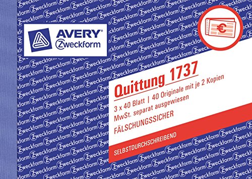 Avery Zweckform 5er Packung 1737 Quittung MwSt. separat ausgewiesen, DIN A6 quer, fälschungssicher, 3 x 40 Blatt, weiß, gelb, rosa (5, selbstdurchschreibend)
