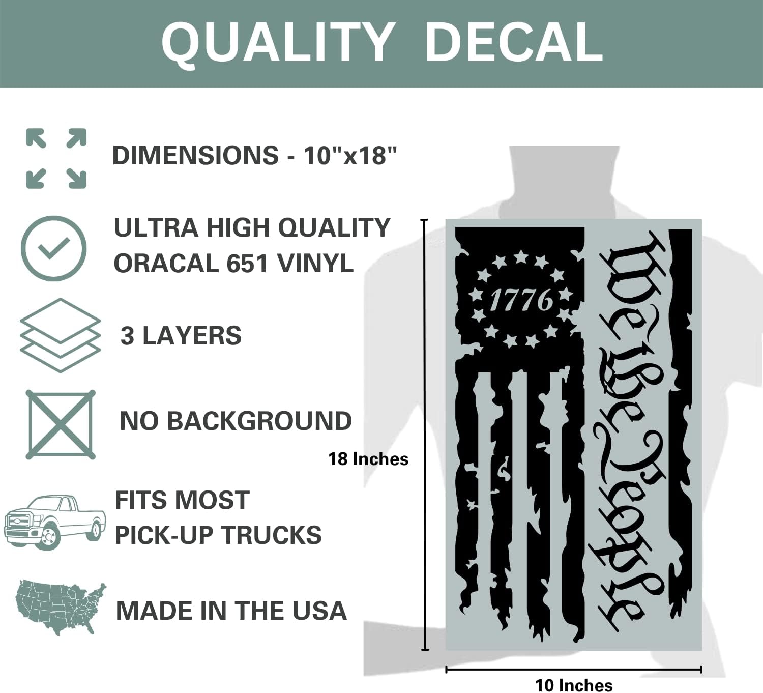 We The People Betsy Ross Flag 1776 Distressed American USA US Flag Truck Tailgate Vinyl Decal - 2 Pack - Stickers Preamble of The US Constitution fits Most Pickup Trucks (10" x 18", Matte Black)