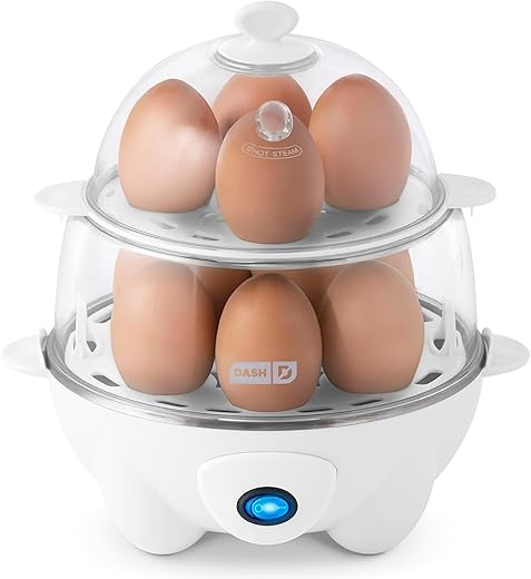 DASH Deluxe Rapid Egg Cooker for Hard Boiled, Poached, Scrambled Eggs, Omelets, Steamed Vegetables, Dumplings & More, 12 capacity, with Auto Shut Off Feature – White