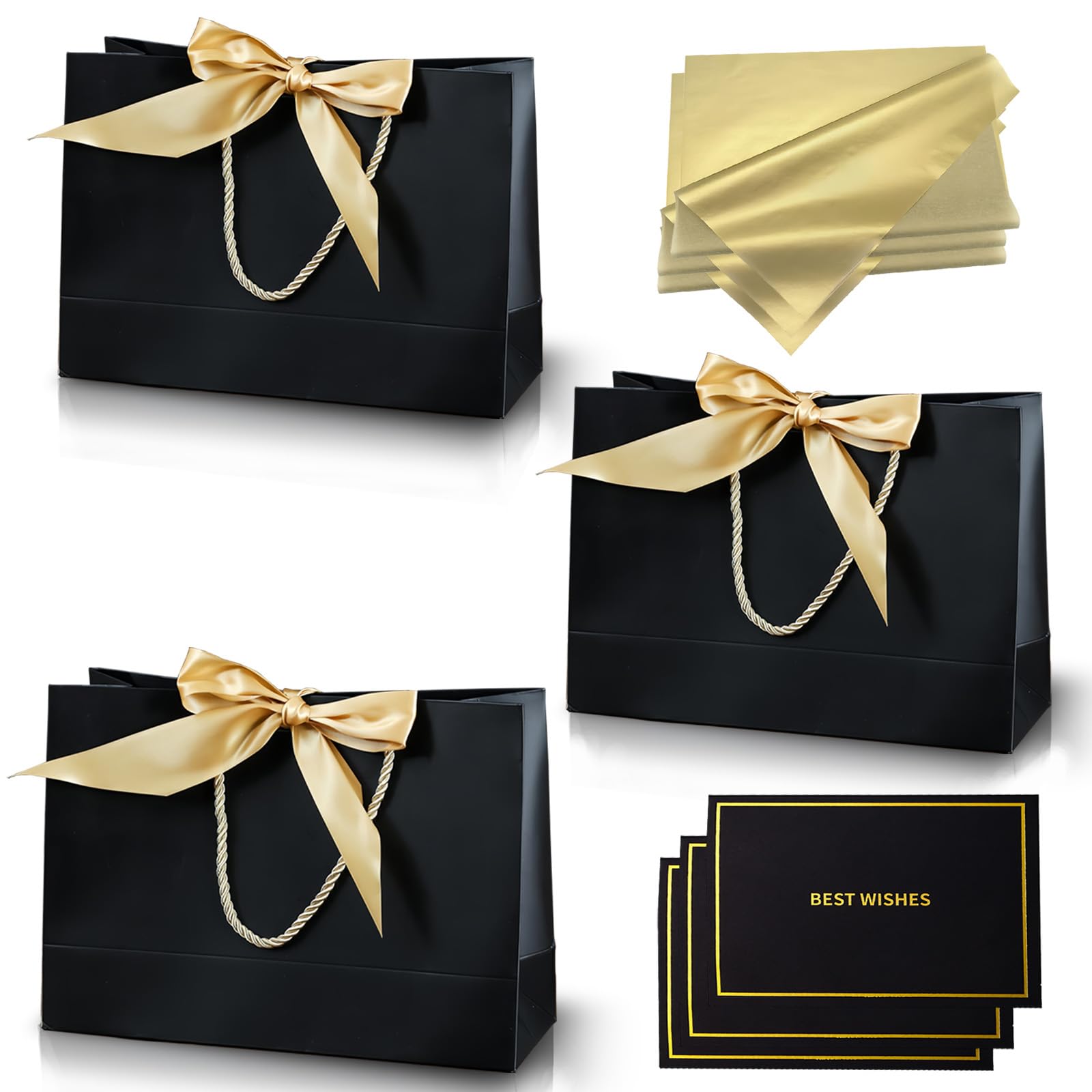 Medium Black Gift Bags for Present,Paper Party Bags with Handles,3Pcs Birthday Gift Bag with Ribbons 6 Tissue Paper 3 Cards for Girls Boys Women Men Bridesmaid Wedding Valentines Halloween Christmas โ image 1