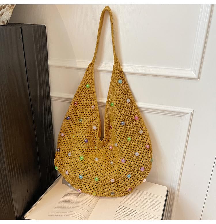 Image of Boho Crochet Beach Tote Shoulder Bag with Colored Beads | Colorful Aesthetic Hippie Knit Bag for Women